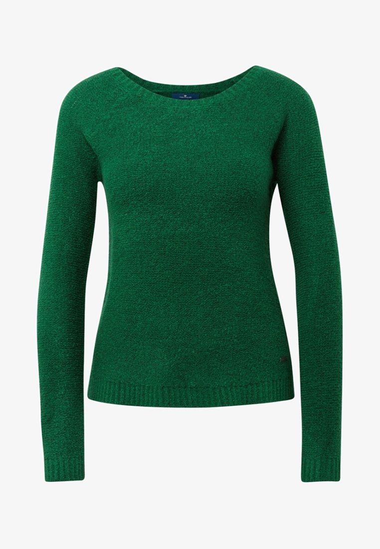 Pull en maille vert à manches longues avec un col rond et des poignets et ourlet côtelés, présenté sur fond blanc.