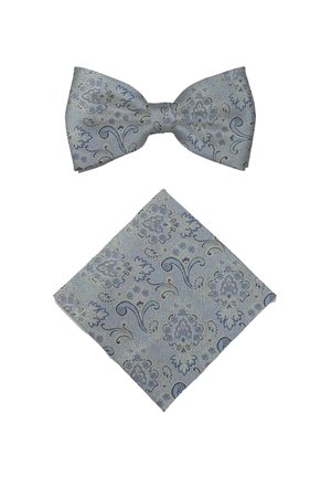 Silbergraue Seidenfliege und passendes Einstecktuch mit blauem und beigem floralem Paisley-Muster.