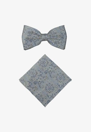 Zilvergrijs zijden strikje en bijpassend pochet met blauw en beige bloemen paisley patroon.