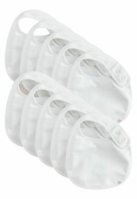 White cotton bibs in a set of eight, featuring a round shape, button closure, and soft texture. Smooth surface, no patterns or accents.