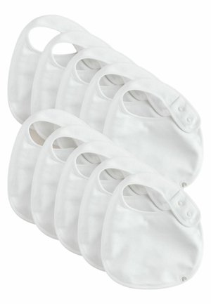 Bavoirs en coton blanc dans un ensemble de huit, présentant une forme ronde, une fermeture à boutons et une texture douce. Surface lisse, sans motifs ni accents.