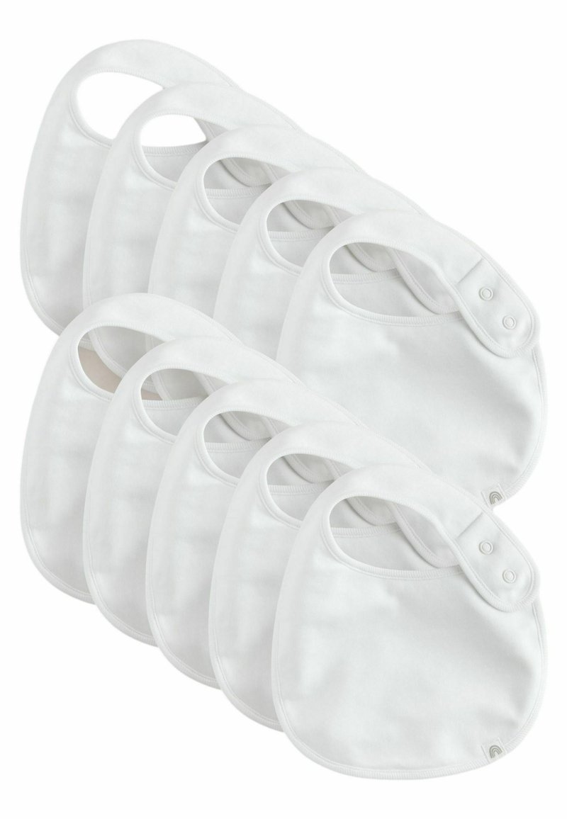 White cotton bibs in a set of eight, featuring a round shape, button closure, and soft texture. Smooth surface, no patterns or accents.