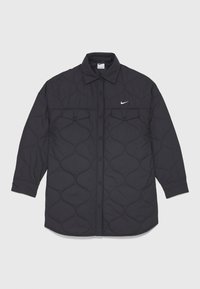 Black quilted jacket with button front and pointed collar, featuring two chest pockets and a small white logo on the upper left.