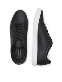 Black leather sneakers with a textured finish, featuring black shoelaces and a white rubber sole. Includes branding on the insole.