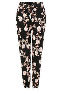 Pantaloni neri floreali con vita regolabile, decorati con fiori bianchi e pesco e dettagli verdi, realizzati in morbido tessuto leggero.