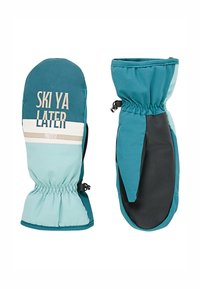 Tyrkysové a svetlomodré rukavice s grafikou "Ski Ya Later", elastickým zápästím a čiernou dlaňou pre lepšiu priľnavosť. Mäkké, poveternostným podmienkam odolné materiály.