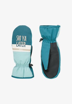 Teal en lichtblauwe wanten met een "Ski Ya Later" grafiek, elastische manchetten en een zwarte palm voor grip. Zachte, weerbestendige materialen.