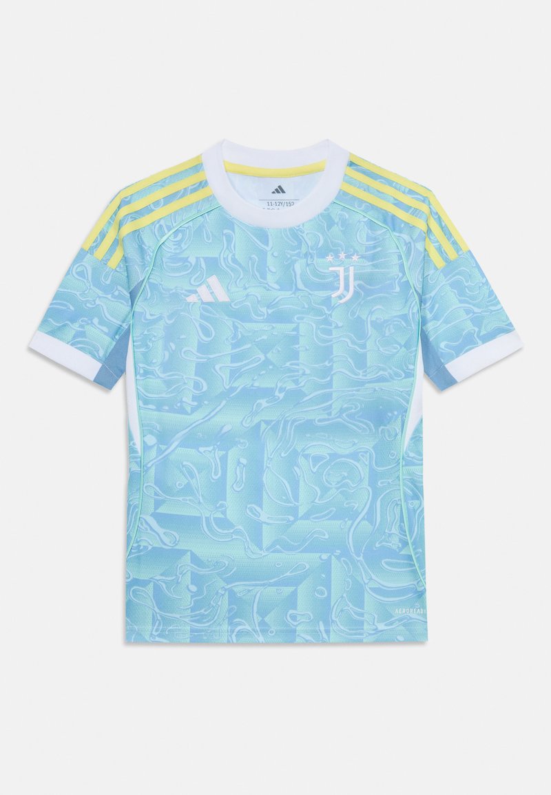 Jersey azzurro chiaro a maniche corte con un motivo astratto simile all'acqua, colletto bianco e strisce gialle sulle spalle. Presenta il logo della Juventus.