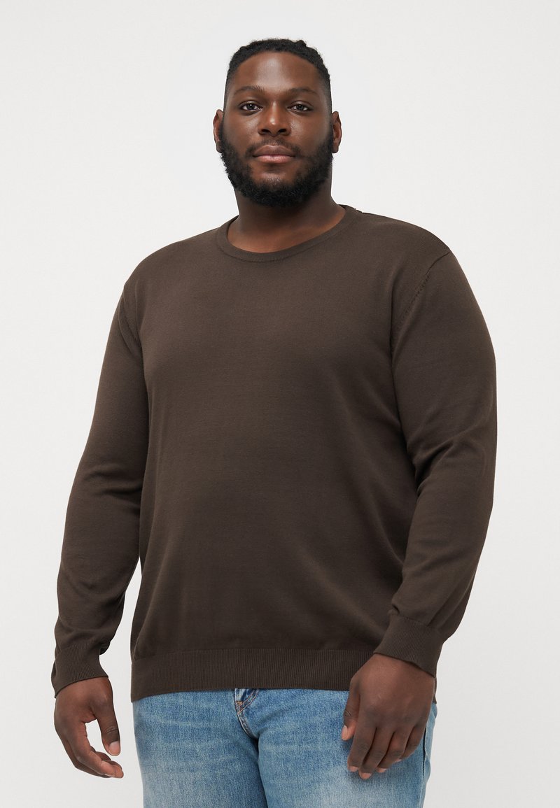 Brun genser, rund halsutskjæring, lange ermer, ribbede mansjetter og kant. Kombinert med lyseblå jeans. Glatt tekstur, avslappet passform.
