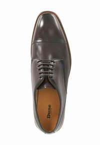 Brown leather dress shoe with smooth and textured panels, rounded toe, lace-up design, and a tan insole featuring logo detailing.