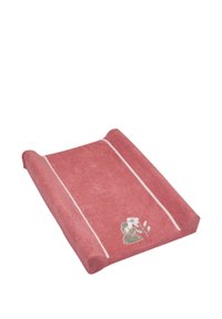 Pink cotton changing mat with raised edges, featuring a gray rabbit and flower embroidery design, outlined with white stripes.