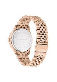 Roze gouden roestvrijstalen horloge met een schakelen band, ronde kast en een gladde achterkant met merkgegevens. Waterbestendig.