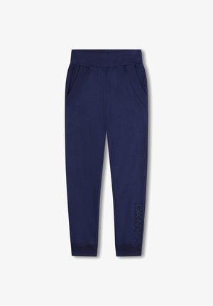 Navy blauwe joggers van zachte stof met een elastische tailleband, zijzakken en een DKNY-logo in een tonale print op het linkerbeen.