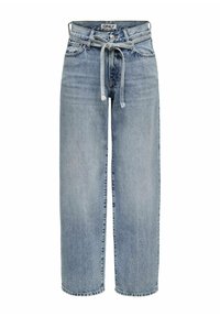 Blugi din denim de culoare albastru deschis, cu talie înaltă, croială lejeră și detaliu cu curea legată. Prezintă un design clasic cu cinci buzunare și picioare drepte.