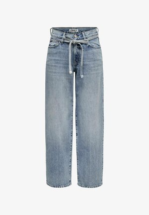 Jean en denim bleu clair à taille haute, coupe décontractée et détail de ceinture à nouer. Dispose d'un design classique à cinq poches et jambes droites.