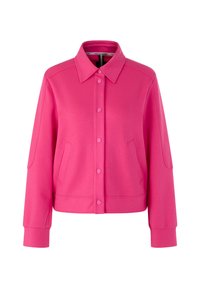 Fuchsiafarbene Hemdjacke aus weichem Stoff mit Kragen, Fronttaschen und langen Ärmeln. Verfügt über eine lockere Passform und sichtbare Nähte.