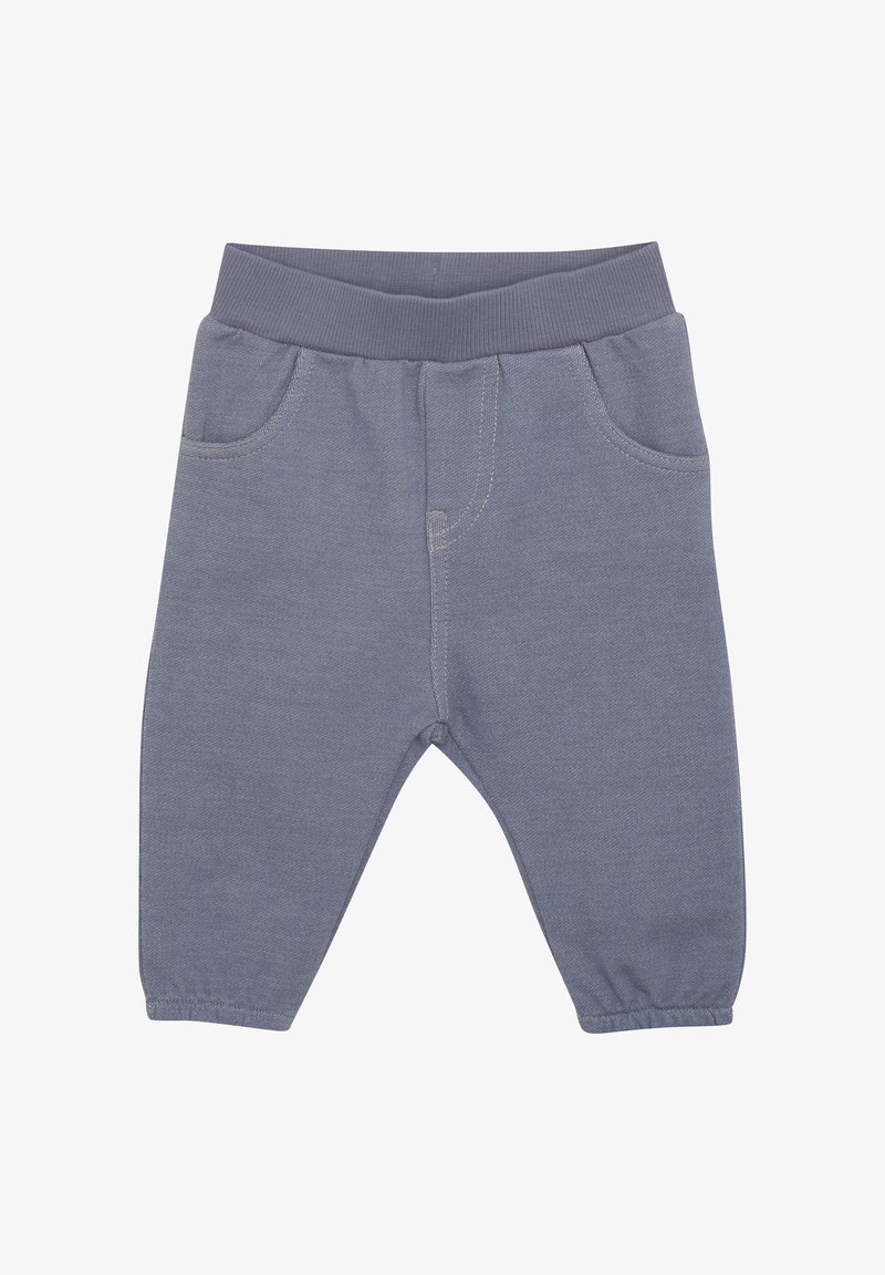 Grå bomullsbukser för småbarn med elastiskt midjeband, två framfickor och en strukturerad yta, med en avsmalnande bendesign.