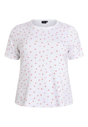 Balti trumpomis rankovėmis marškinėliai su apvalia iškirpte, dekoruoti mažais raudonais vyšnių raštais, tolygiai išdėstytais ant audinio.