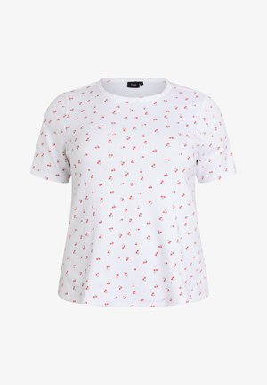 Balti trumpomis rankovėmis marškinėliai su apvalia iškirpte, dekoruoti mažais raudonais vyšnių raštais, tolygiai išdėstytais ant audinio.