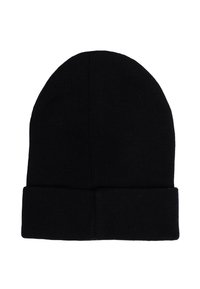 Czarna dzianinowa czapka beanie z podwiniętym brzegiem. Wykonana z miękkiego materiału, charakteryzująca się prążkowaną teksturą i bezszwowym, zaokrąglonym wierzchem.