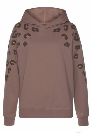 Mauve hoodie with dark brown and gold leopard spots along shoulders and sleeves, ribbed cuffs and hem, and a small gold logo on sleeve.