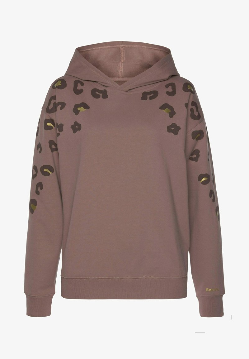 Sweat à capuche mauve avec des taches de léopard marron foncé et doré sur les épaules et les manches, des poignets et un ourlet côtelés, et un petit logo doré sur la manche.