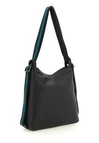 Borsa a tracolla in pelle nera con una texture morbida, dotata di una tracolla regolabile a righe turchesi a contrasto e un design spazioso e morbido.