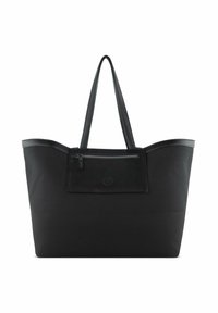 Sac fourre-tout noir en tissu avec une texture lisse. Il possède deux longues poignées, une poche frontale zippée et un bord supérieur arrondi.