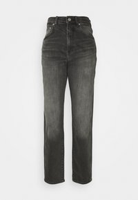 Černé džínové kalhoty s vysokým pasem, rovnými nohavicemi a pěti kapsami. Obsahují kontrastní švy a přední zapínání na knoflík.