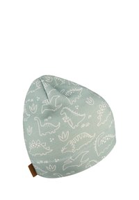 Kid's beanie in light green fabric with white dinosaur and foliage patterns; features a pointed crown and a brown label accent.