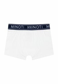 Boxers blancs avec une ceinture élastique bleu marine, arborant le nom de la marque "MINOTI" en lettres blanches. Matière douce et forme classique.