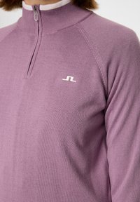 Nahaufnahme einer Person in einem lila Strickpullover mit einem Viertel-Reißverschluss und kleinem weißen Logo auf der linken Brust.