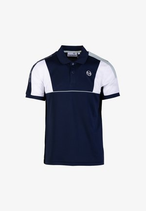 Marineblaues und weißes Poloshirt mit Kragen, kurzen Ärmeln und einem hellgrauen Akzent. Mit Logo auf der Brust und Detaillierungen an den Schultern.