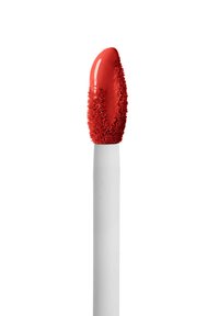 Applicateur à lèvres rouge avec une pointe texturée et duveteuse. Le manche est lisse et blanc, créant un contraste avec le pigment rouge vif.