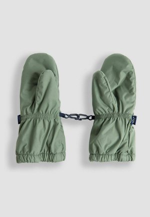 Zielone ocieplone rękawice z elastycznymi mankietami, połączonymi ciemnoniebieskim klipsem. Gładka zewnętrzna tkanina z miękką podszewką.