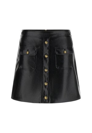 Schwarzer Kunstlederrock mit ausgestellter Silhouette, ausgestattet mit einer vorderen Knopfleiste, zwei aufgesetzten Taschen und kontrastierenden Messingknöpfen.