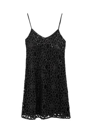 Zwarte kanten slipdress met ingewikkeld uitgesneden ontwerp en paillettenaccenten. Beschikt over spaghetti-bandjes en een v-hals.