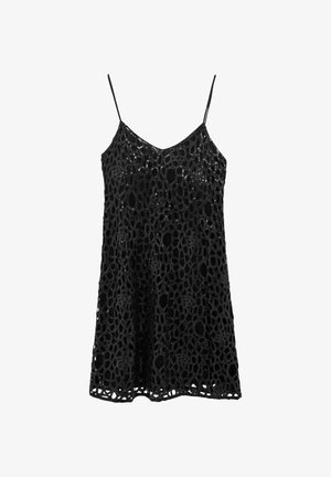 Zwarte kanten slipdress met ingewikkeld uitgesneden ontwerp en paillettenaccenten. Beschikt over spaghetti-bandjes en een v-hals.
