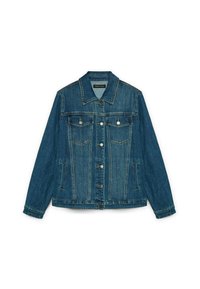 Jachetă din denim de culoare albastră închisă, cu o croială clasică, având un închidere cu butoane, guler ascuțit, două buzunare pe piept și accente din metal argintiu.