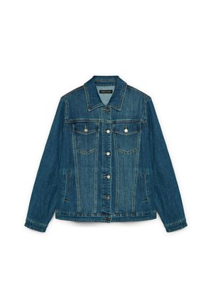 Jachetă din denim de culoare albastră închisă, cu o croială clasică, având un închidere cu butoane, guler ascuțit, două buzunare pe piept și accente din metal argintiu.