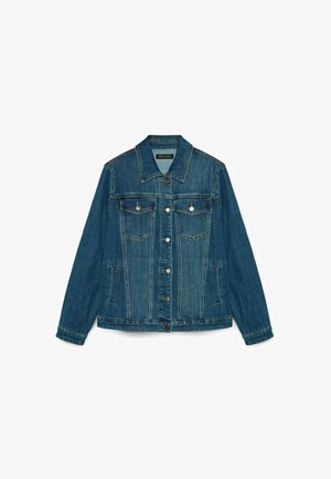 Jachetă din denim de culoare albastră închisă, cu o croială clasică, având un închidere cu butoane, guler ascuțit, două buzunare pe piept și accente din metal argintiu.