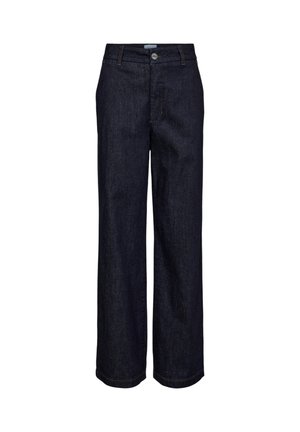 Sötétkék farmer széles szárú nadrág, közép magas derékkal, elöl zsebekkel és gombos záródással. Minimális varrással és texturált anyagból készült.