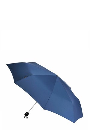Blauwe compacte paraplu met acht panelen, stevige metalen ribben en een zwarte kunststof handgreep. De stof heeft een gladde textuur.