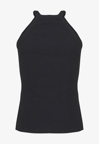 Top senza maniche nera a halter realizzato in tessuto a costine; presenta un collo alto e un design aderente, con una superficie liscia e senza motivi.