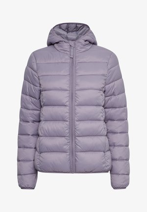 Heledane lilla puhvjakker, kapuutsiga, ees lukuga, ristkülikukujulise tikandiga ja elastsete mansettidega tihedaks istumiseks.