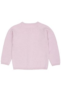 Gaiši rozā adīts džemperis ar apaļu kakla izgriezumu un garām raglāna piedurknēm. Gluda tekstūra ar ribveida aprocēm un apakšmalu.