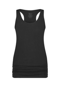 Svart linne i mjuk bomull med ärmlös design, rundad halsringning och fodrad fålldetalj i botten. Slät textur.