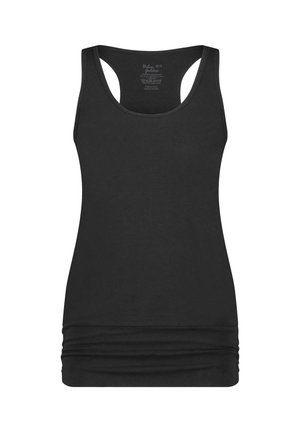 Musta hihaton toppi pehmeästä puuvillasta, jossa on pyöreä pääntie ja laskostettu helma alareunassa. Sileä pinta.