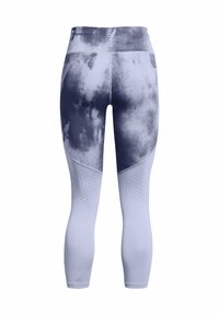 Leggings Capri bleus clairs avec un motif tie-dye bleu foncé. Comprend des panneaux en mesh et des perforations subtiles pour la ventilation.
