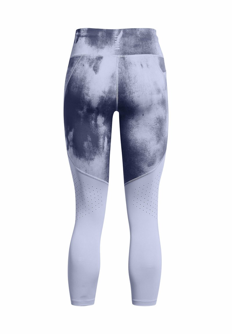 Leggings Capri bleus clairs avec un motif tie-dye bleu foncé. Comprend des panneaux en mesh et des perforations subtiles pour la ventilation.